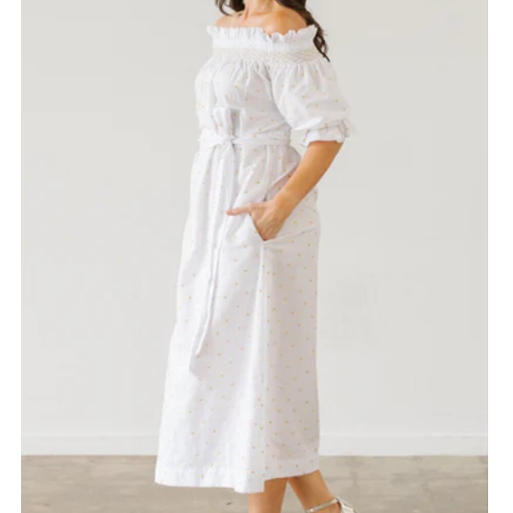 Dondolo x Pencil + Paper Co Midi Dress XS White Gold Embroidered Hearts Linen